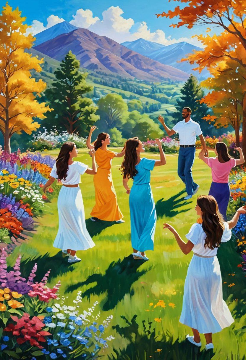 A vivid and joyful scene showcasing people engaged in uplifting activities like dancing, painting, and playing music, set against a backdrop of colorful hills and blooming flowers. Include elements of community, such as smiling faces and shared laughter, to convey a sense of unity and happiness. Bright sunlight filters through the trees, illuminating the joyful atmosphere in this blissful setting. vibrant colors. super-realistic.