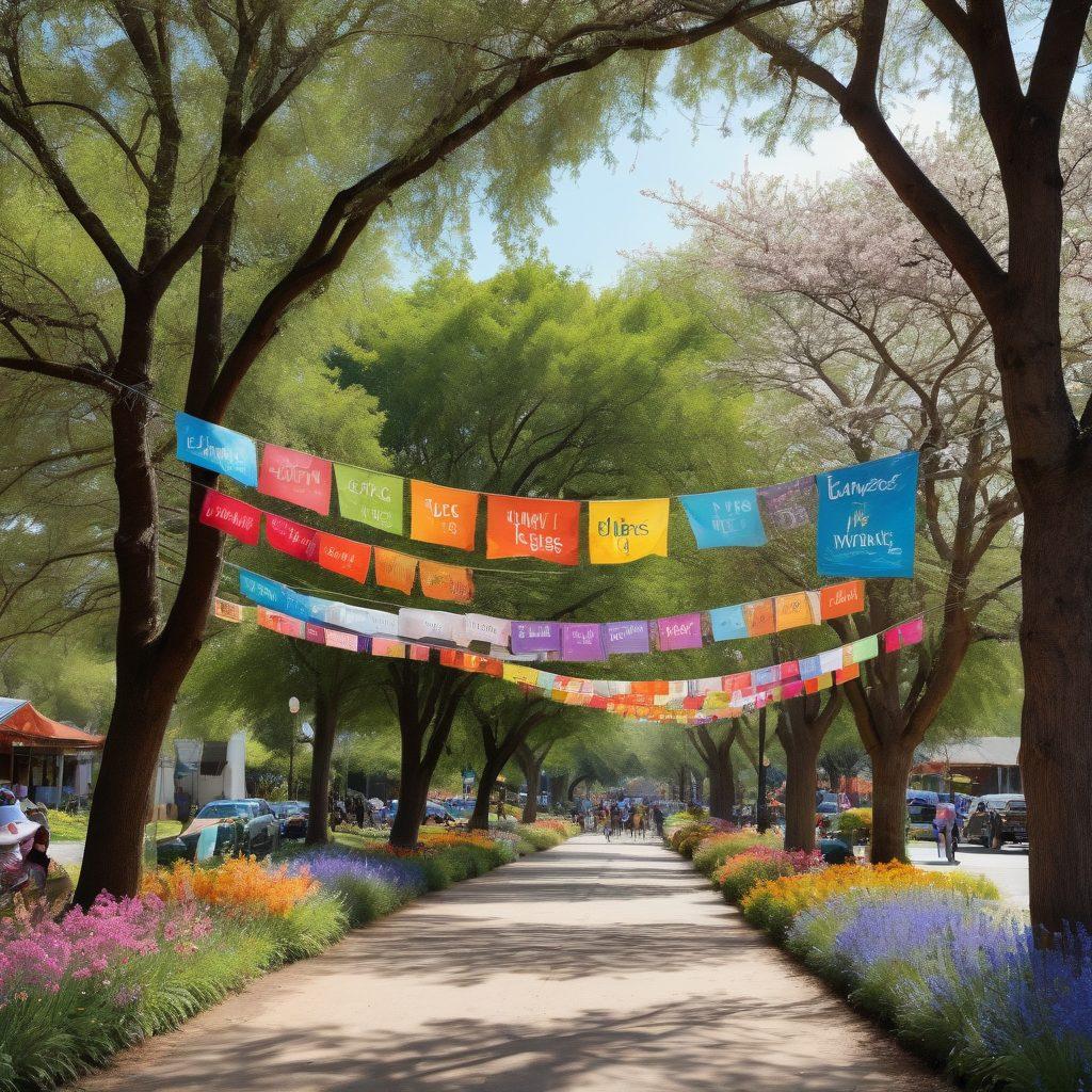 A vibrant community gathering in the Sacouny area, filled with smiling individuals of diverse backgrounds, celebrating joy and positivity. Colorful banners reading 'Embrace the Bliss' are hung between trees, surrounded by blooming flowers. People are engaging in fun activities, sharing laughter, and enjoying a sunny day. The overall atmosphere radiates warmth and happiness. super-realistic. vibrant colors. cheerful composition.