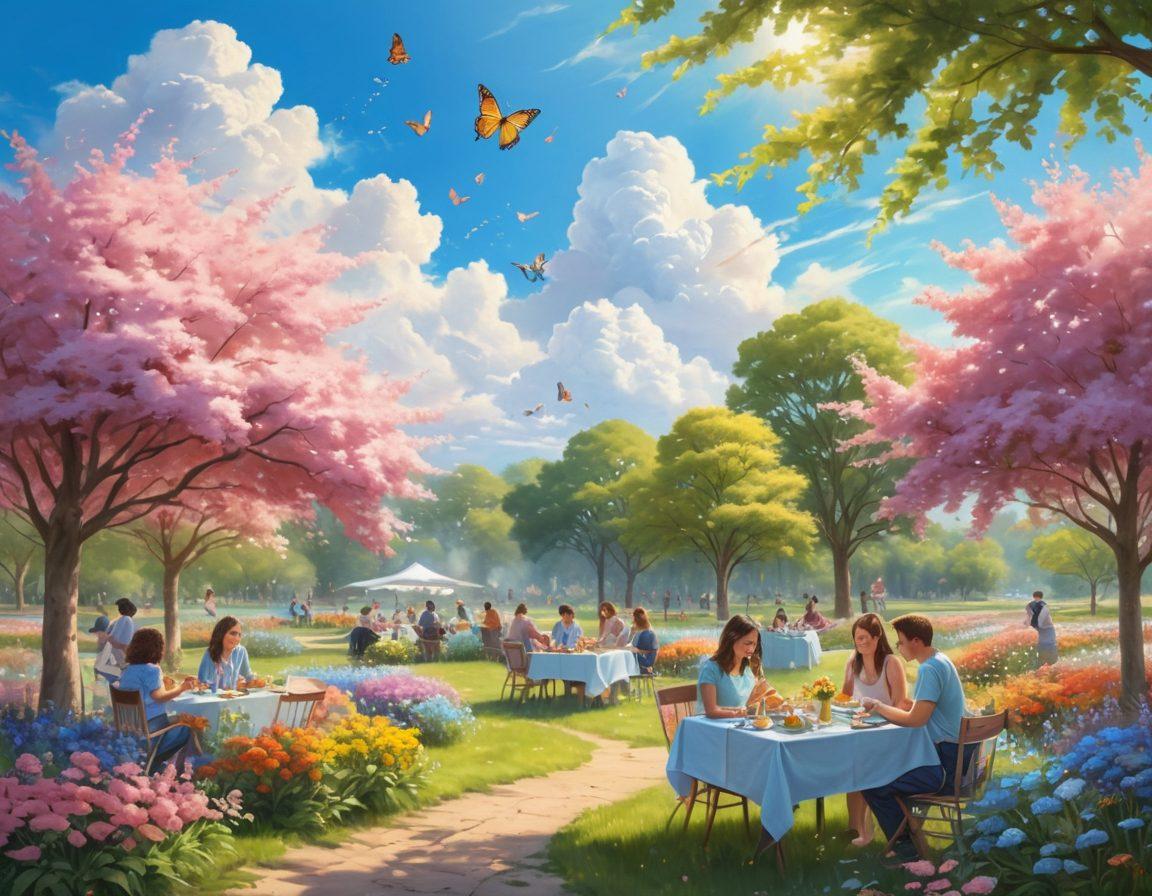 A serene morning scene showcasing a diverse group of people engaging in joyful activities like laughing, gardening, and sharing a meal in a vibrant park filled with blooming flowers and warm sunlight. Soft pastel colors dominate the composition, creating an atmosphere of tranquility and warmth. The background features a gentle blue sky with fluffy clouds, symbolizing hope and positivity. Illustrate subtle elements of nature like butterflies and birds enhancing the feeling of bliss. super-realistic. vibrant colors.